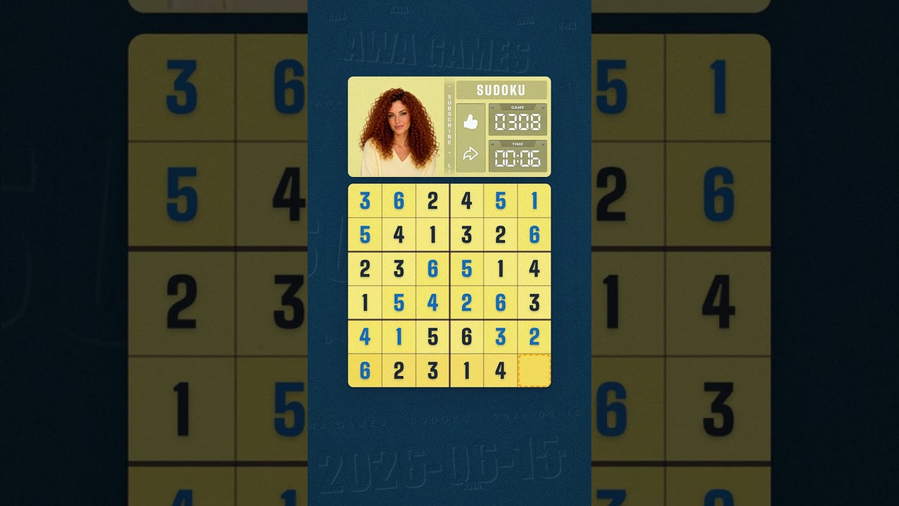 LinkedIn Mini Sudoku #308 solved board for June 15, 2026, 6x6 grid