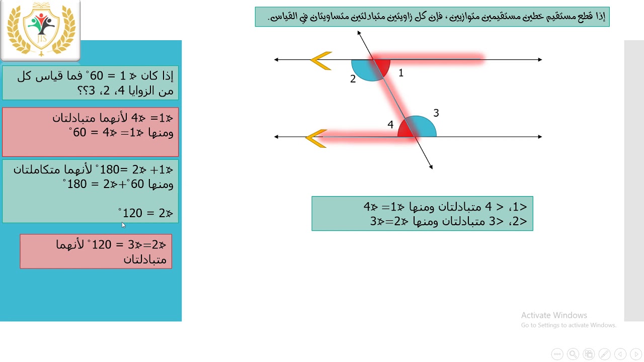الصف السابع/رياضيات/شرح درس الزوايا الناتجة عن مستقيمين متوازيين يقطعهما ثالث/مس بتول محيي الدين