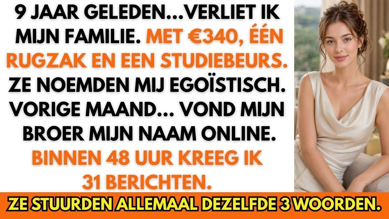 Ik zat in mijn auto in een verlaten parkeergarage en staarde naar mijn telefoon. 31 ongelezen berichten, van mensen die me negen jaar geleden de rug toekeerden. Mijn vader, mijn broer, tantes…...