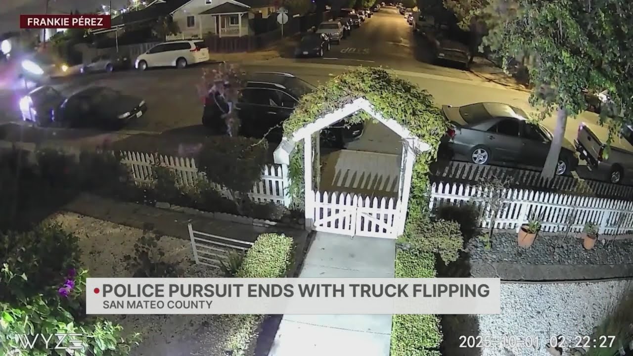 Police pursuit ends with truck flipping in San Mateo County - YouTube