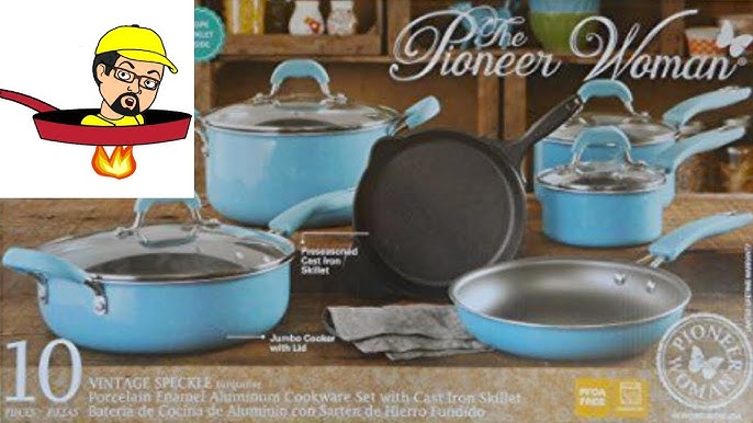 The Pioneer Woman Frontier Speckle 18-Piece Aluminum Cookware Set, Teal