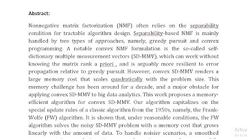 Memory Efficient Convex Optimization for Self Dictionary Separable Nonnegative Matrix Factorization
