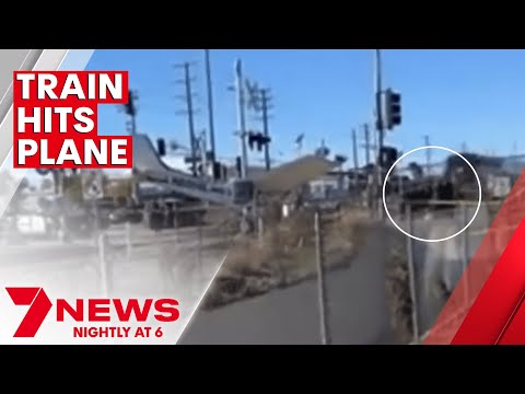 Police save pilot with seconds to spare as train crashes into plane in Los Angeles | 7NEWS