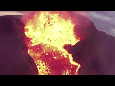 Drone captures erupting Icelandic volcano