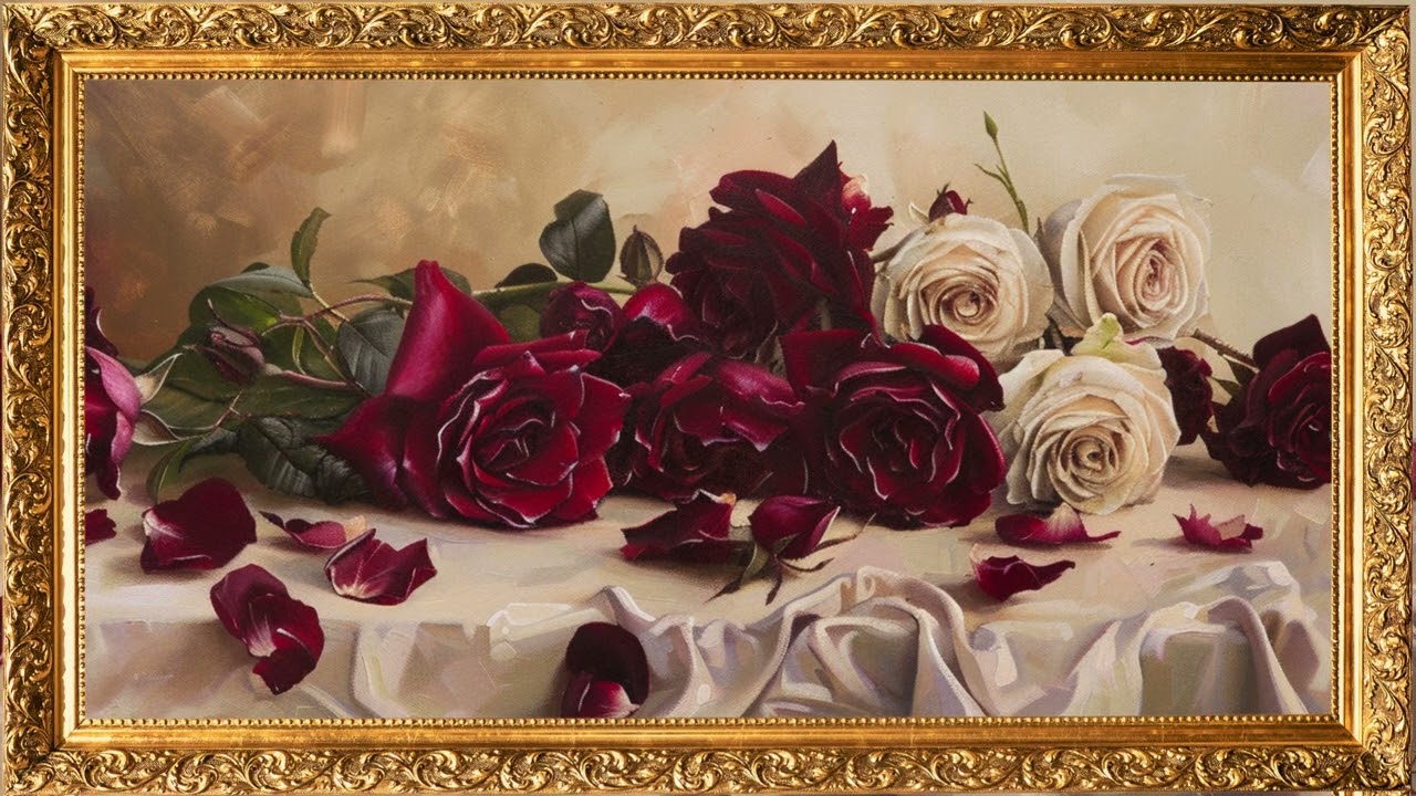 Elegant Red Rose Painting in Ornate Frame | Digital Frame TV | Classical Floral Art for Home Decor