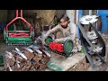 Jack of all talented man making a manual grass cutting machine  gardening tools