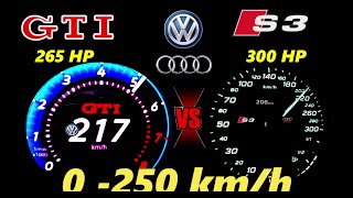 new VW Golf 8.5 GTI (265 HP) vs Audi S3 2015 (300 HP) e commerce DRAG RACE 0 -250 km/h