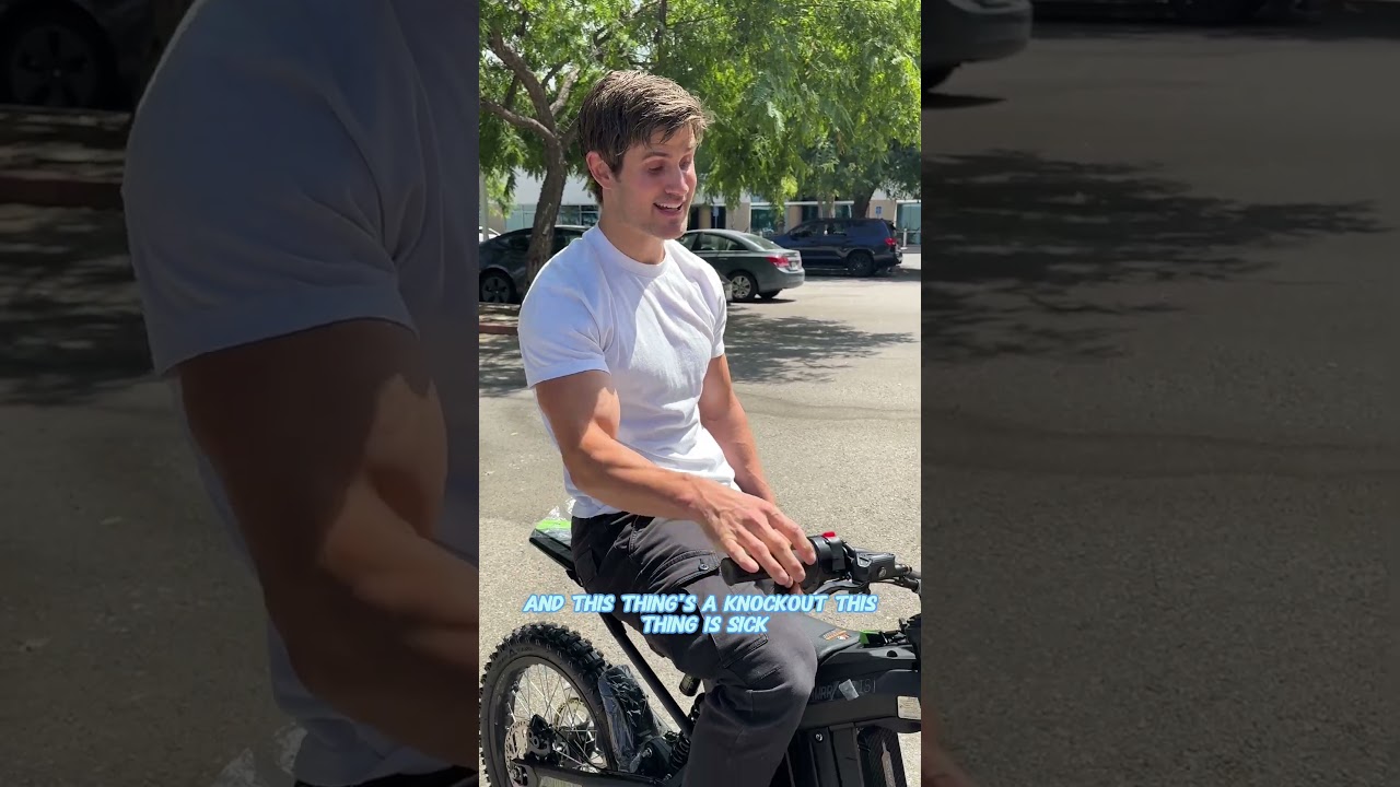 A rider on an electric dirt bike outside the LA warehouse