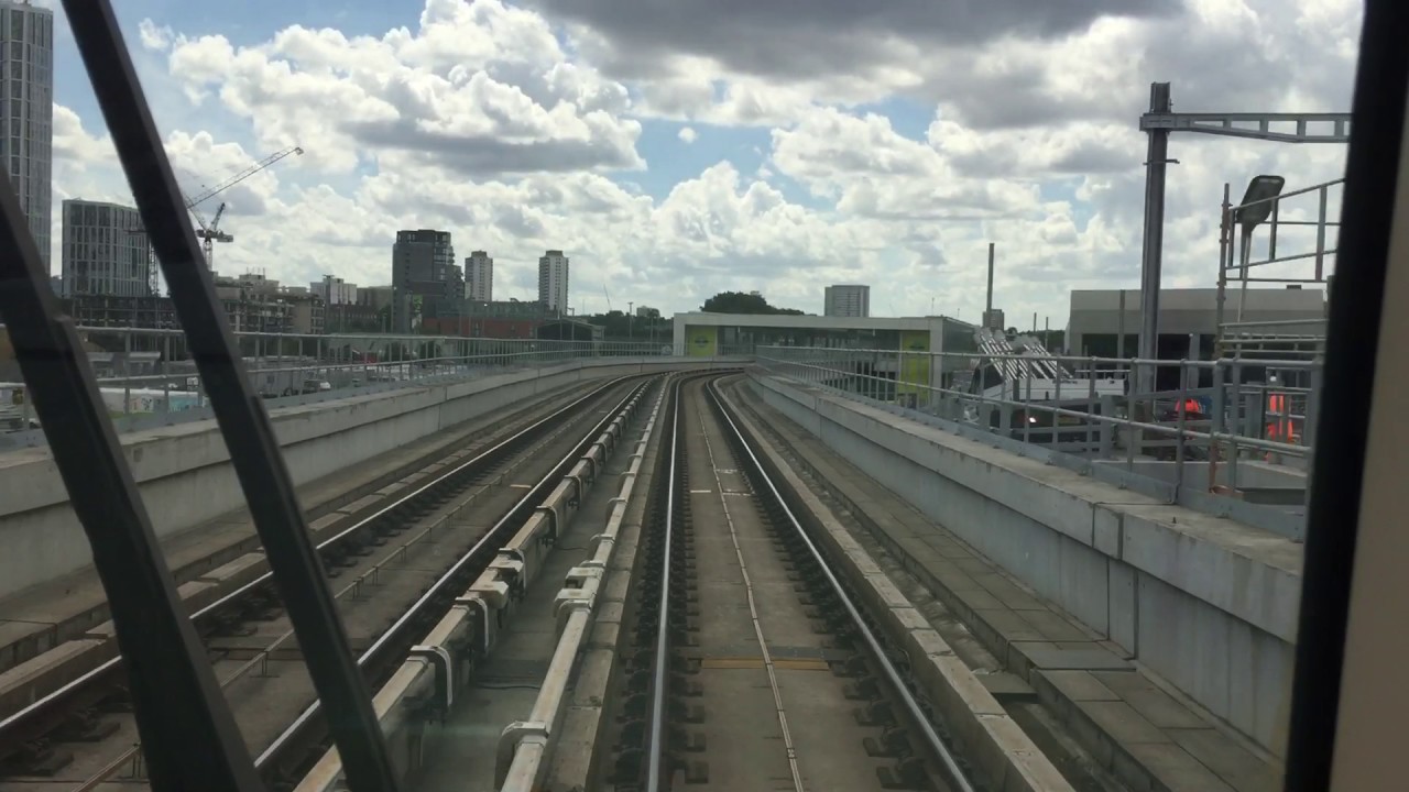 London Docklands Light Railway Rear View Ride from Pudding Mill Lane to