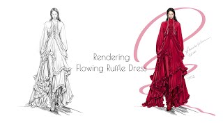 Rendering Flowing Ruffle Dress | Alexander McQueen Fall 2025 | Fashion Illustration in Procreate