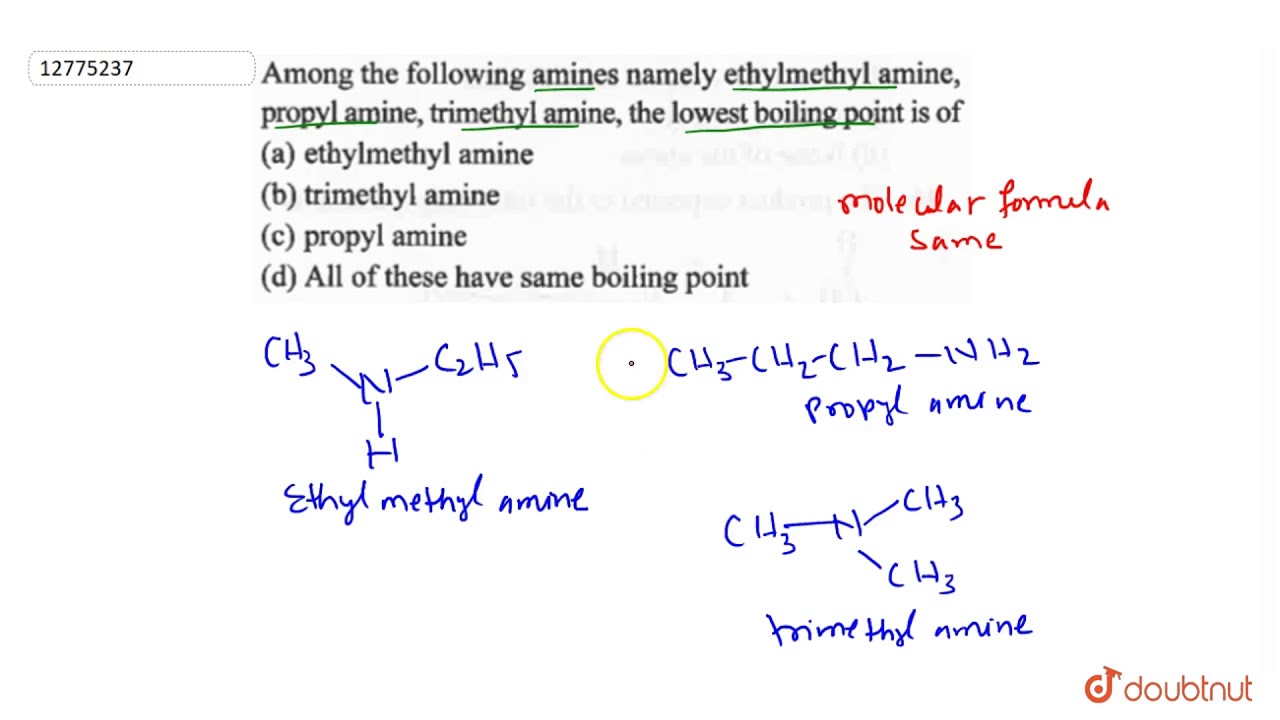 Among The Followingamines Namely Ethylmethyl Amine Propyl Amine Trimetyl Amine The Youtube
