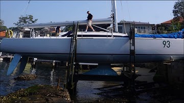 Lowering the hydraulic keel on Merlin.