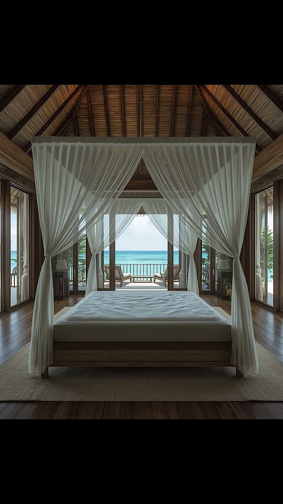 An ultra realistic tropical beachfront luxury wooden villa perched
