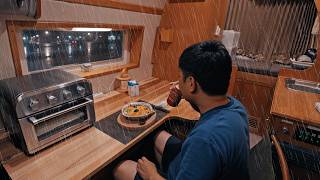 [Heavy Rain, Car Camping] A lone camper in a Hiace camper van, battered by heavy rain.