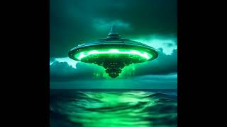 Alien Spaceship Hovering Over Stormy Ocean, Emitting Green Light