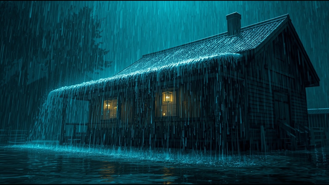 Heavy Rain Covering the wooden house in Forest at Night - Rain Sound on Tin Roof for Sleeping #62