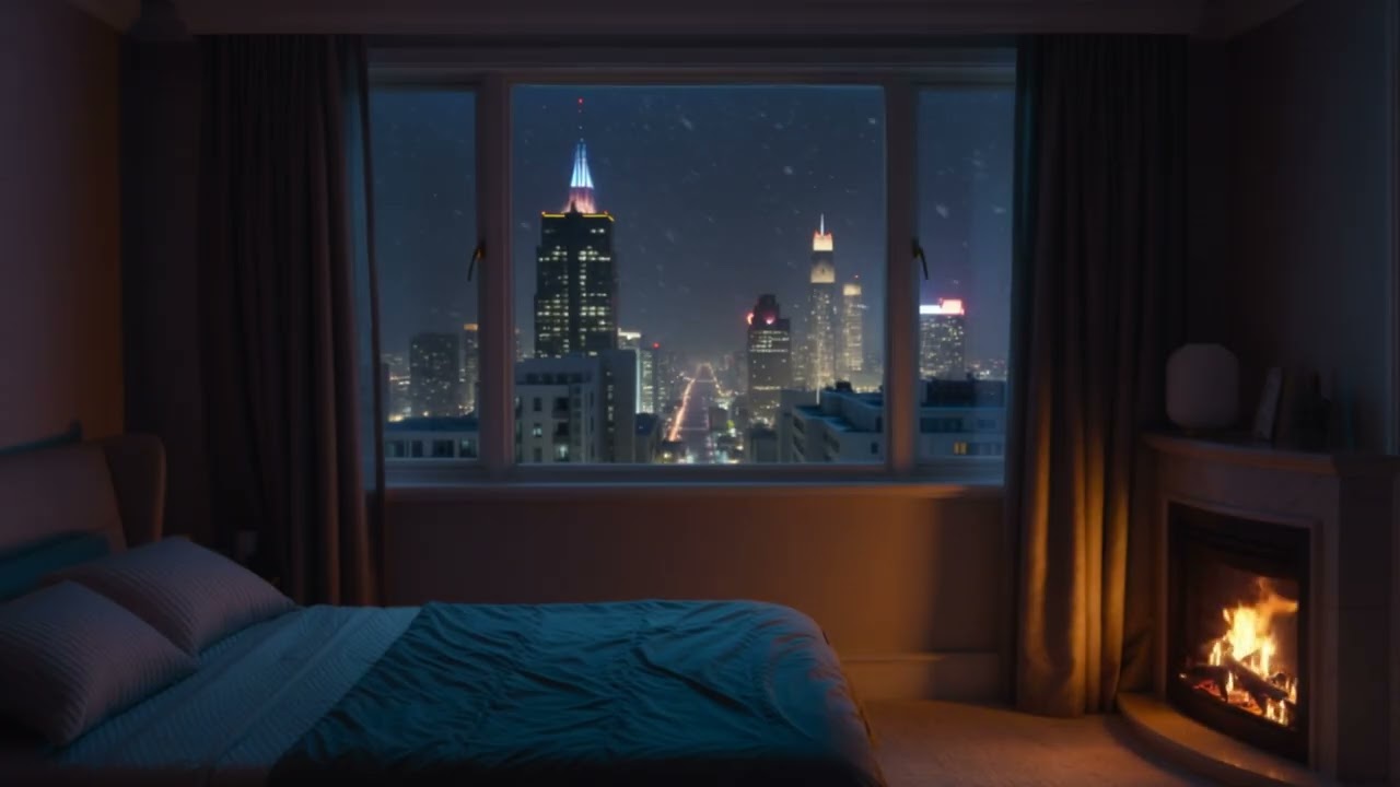 Warm Fireplace in a City Bedroom ❄️ Snow Falling Outside the Window