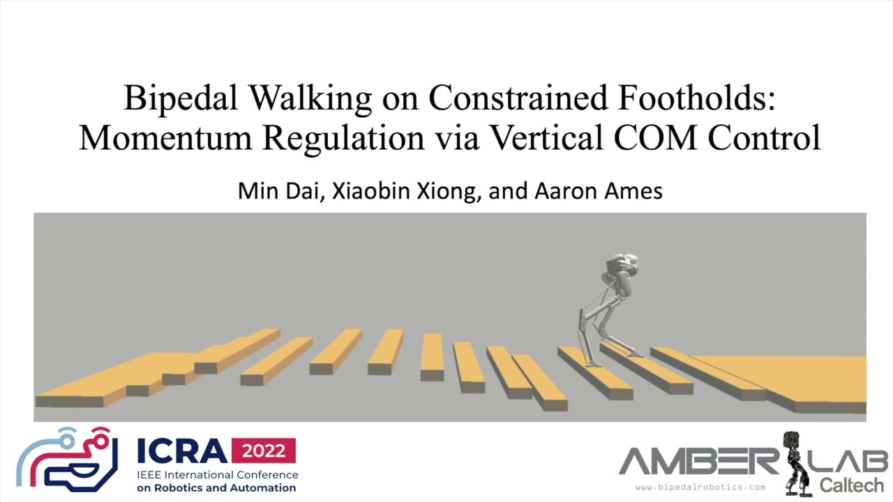 Bipedal Walking on Constrained Footholds: Momentum Regulation via Vertical COM Control