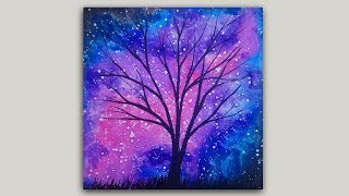 Watercolor Painting Rose Galaxy and Tree Silhouette