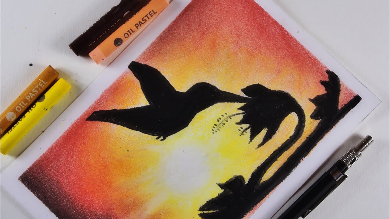 photo Sunset Oil Pastel Drawing Birds youtube
