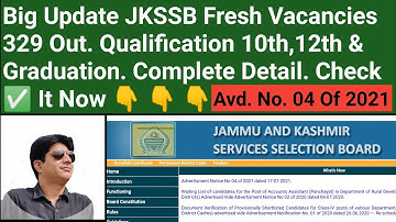 Big Update JKSSB Fresh Vacancies Out 329.Qualification 10th,12th & Graduation. Complete Detail