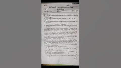 class 11  English half yearly exam paper 2024-25 code B ll class 11th english paper up Bord  #shorts