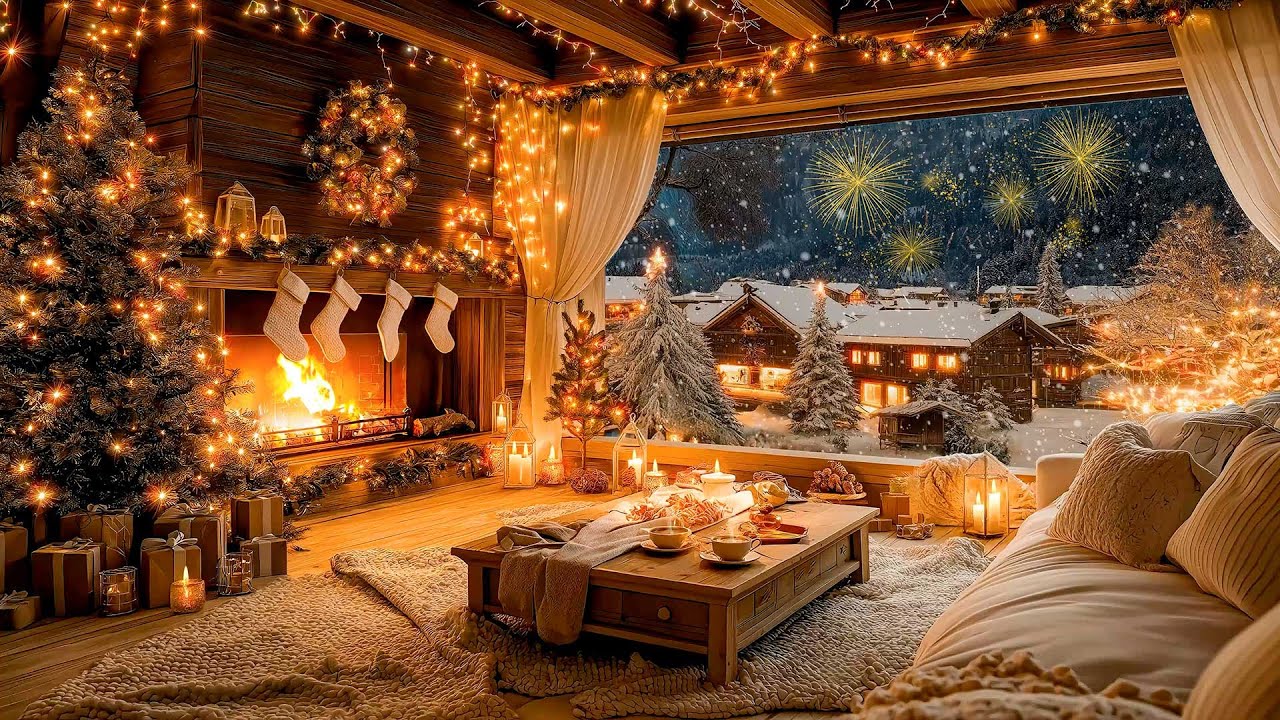 🔥Cozy New Year's Eve 24/7🎉Instrumental Happy New Year & Christmas Music With Fireplace for Relaxing