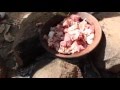 Wood fire cooked Amazing Spicy goat meat  chevon, cabrito, capretto  in mud pot   Don't miss