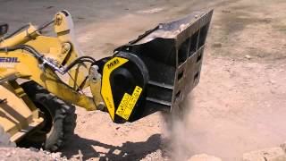 MBL Crusher Bucket working on a backhoe loader