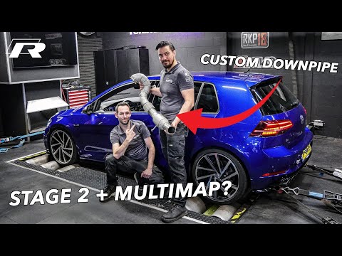 Golf 7.5R stage 2 remap on dyno with custom downpipe & multi map switching!