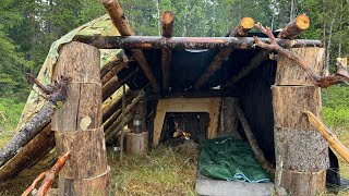 2 Days Bushcraft Camping in Rain - With fireplace onside