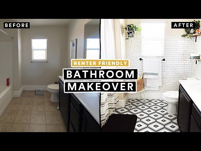 BATHROOM MAKEOVER UNDER $300 (Renter Friendly) + DIY Tile Floor & Brick Wall!