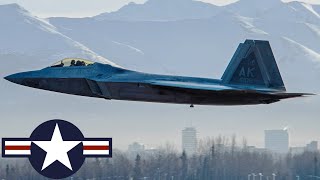 US Air Force. F-22 Raptor fighters. Military exercises at Anchorage International Airport.