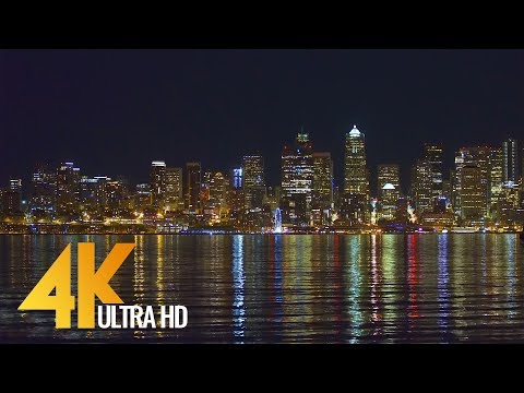 4K UHD Seattle at Night - Urban Relax Video, View from Alki Beach Trail - 3 Hours