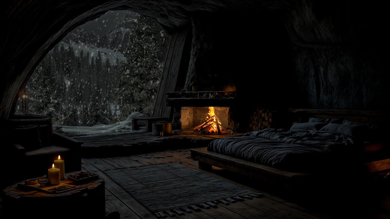 No Ads- 🌨️ Snowy Mountain Retreat | Firelight & Cold Wind Sounds for Peace & Calm❄️🔥