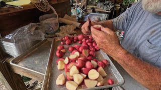 Feeding Chickens, Cleaning Fish, Digging Potatoes And Cooking Fish