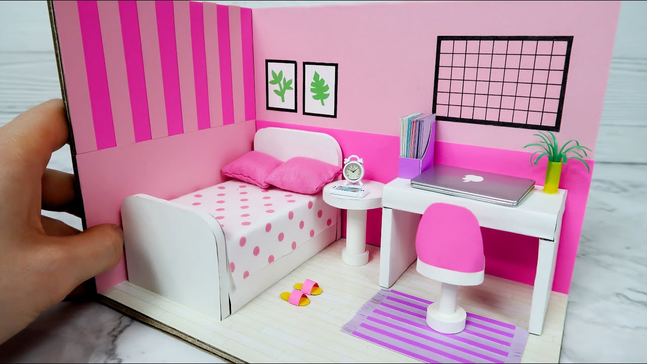 DIY Miniature Cardboard House  10    PINK Bedroom Decor