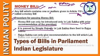 Types of Bills in Parliament : Ordinary Bill, Money Bill, Financial Bill, Constitution amendment