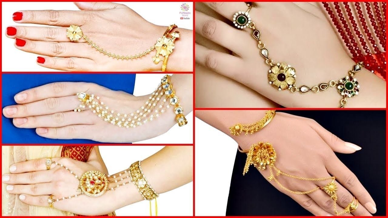 Elegant White Color Gold Plated Finger Ring Bracelet Hand Harness Hathphool  for Girls  Women