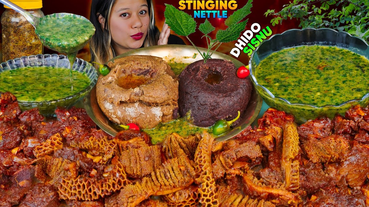 AUTHENTIC NEPALI DHIDO & SISNU | VILLAGE COOKING + EATING MUKBANG WITH BUFF INNARDS & MEAT