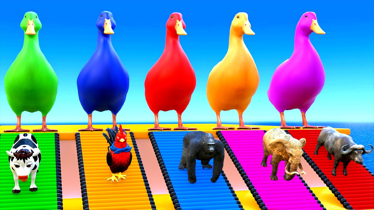 Playing as Spiderman in Long Slide Game with Cow Elephant Gorilla Hippo Tiger. Funny 3d Animal Game