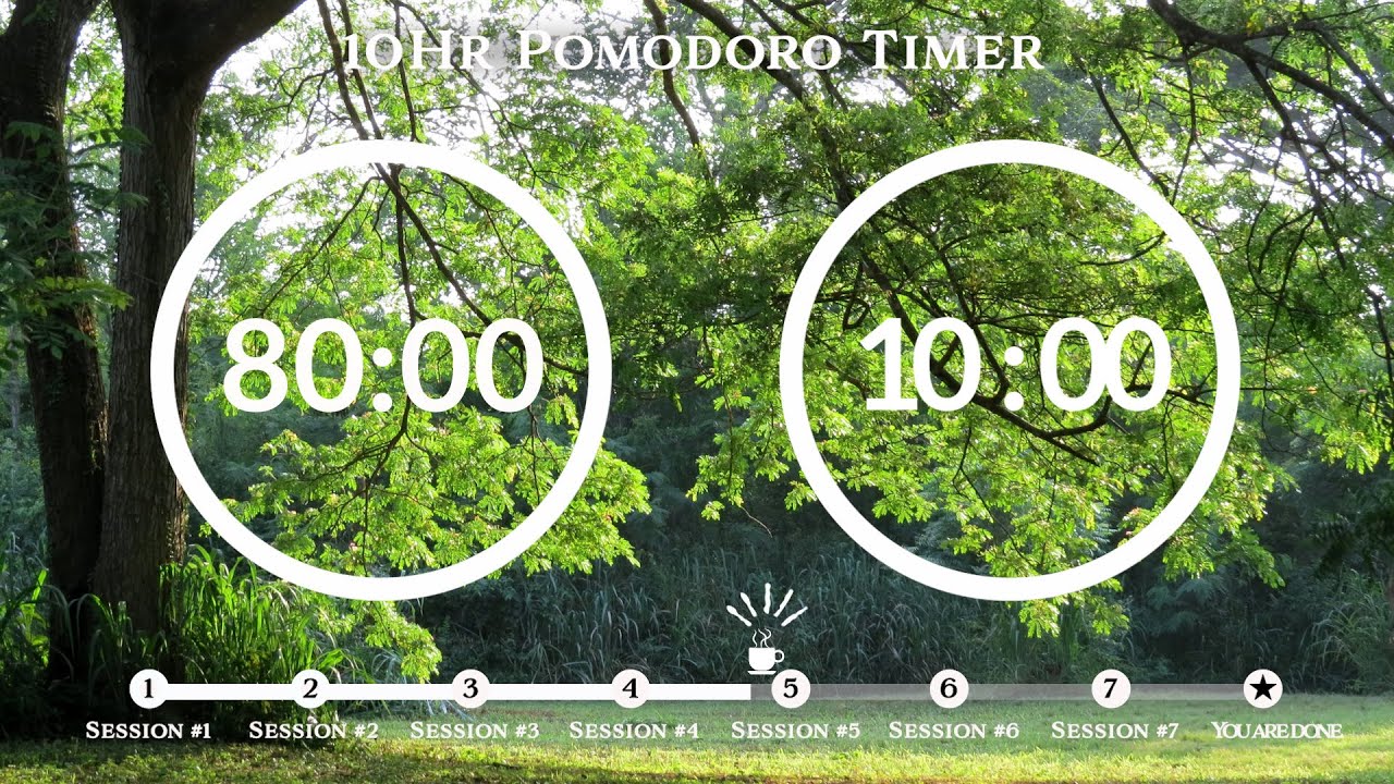 80 Minute Pomodoro Timer 🌳Park Ambience 공원 ASMR📚10-Hour Study ⏱Pomodoro 80/10, 80 min x7 sets