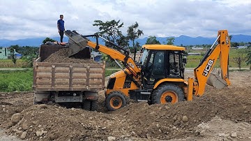 JCB Backhoe Machine Loading Gravel in Dump Truck - JCB Working on Sandy Place - Part 2
