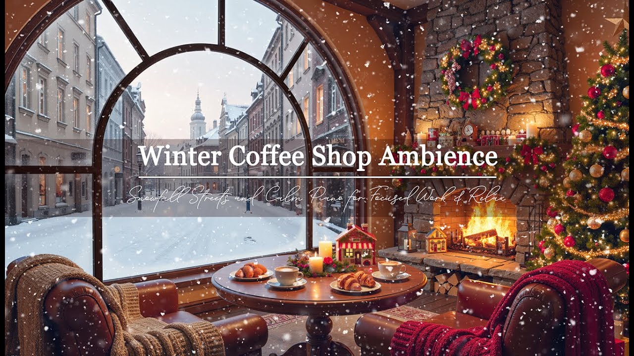 Winter Jazz in a European Old Town Café | Snowfall Streets and  Calm Piano for Focused Work & Relax