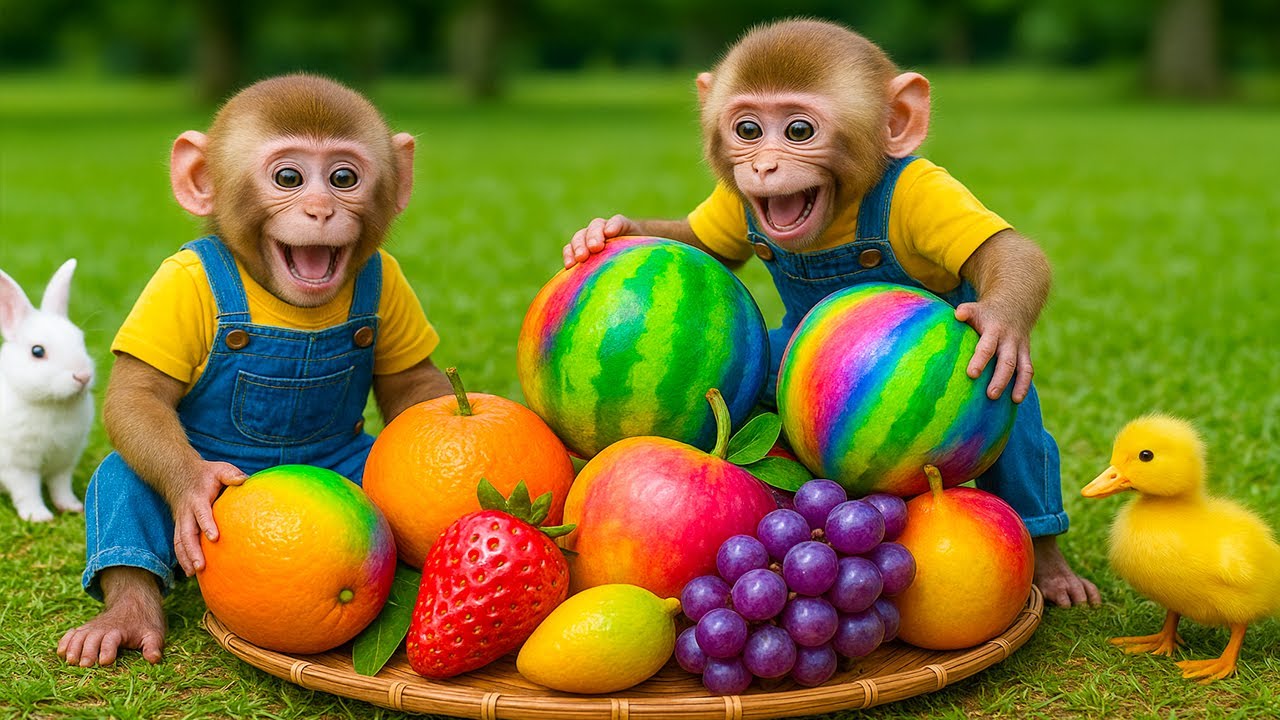 Macaco Cherry e seu irmãozinho se divertem ajudando a mamãe a colher frutas e saboreiam um delicioso