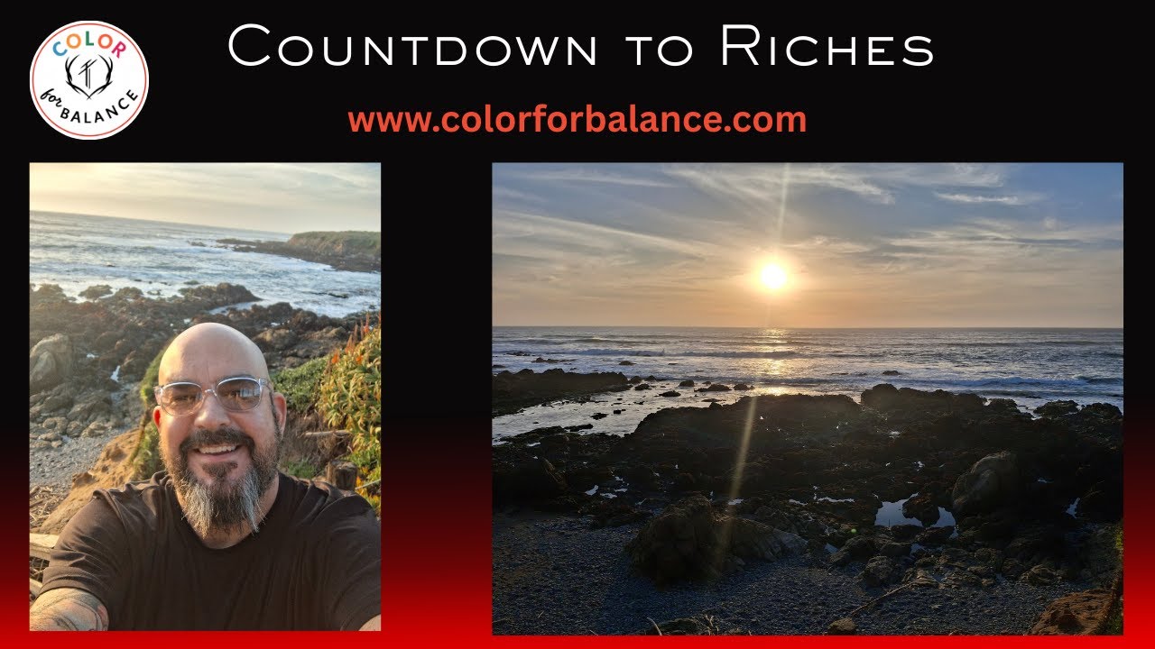 Countdown to Riches success affirmations playing over calming ocean waves for wealth mindset and abundance meditation