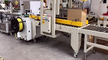 Cartons flap folding tape top sealing machine with strapping double sided labeling equipment