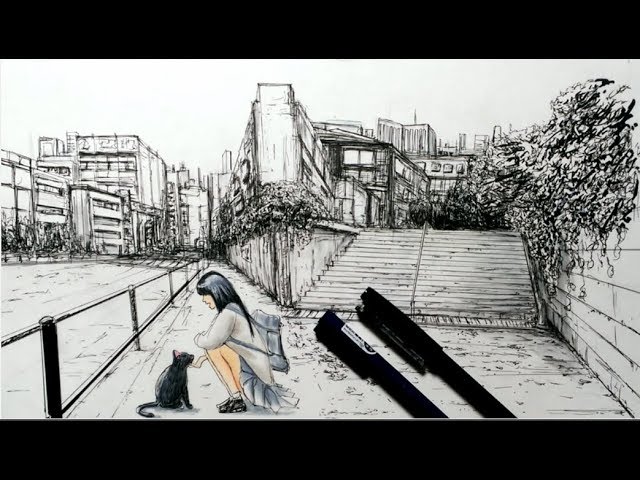街の風景を描いてみた 背景の描き方 線画 Drawing A Town Scene With A Pen Youtube