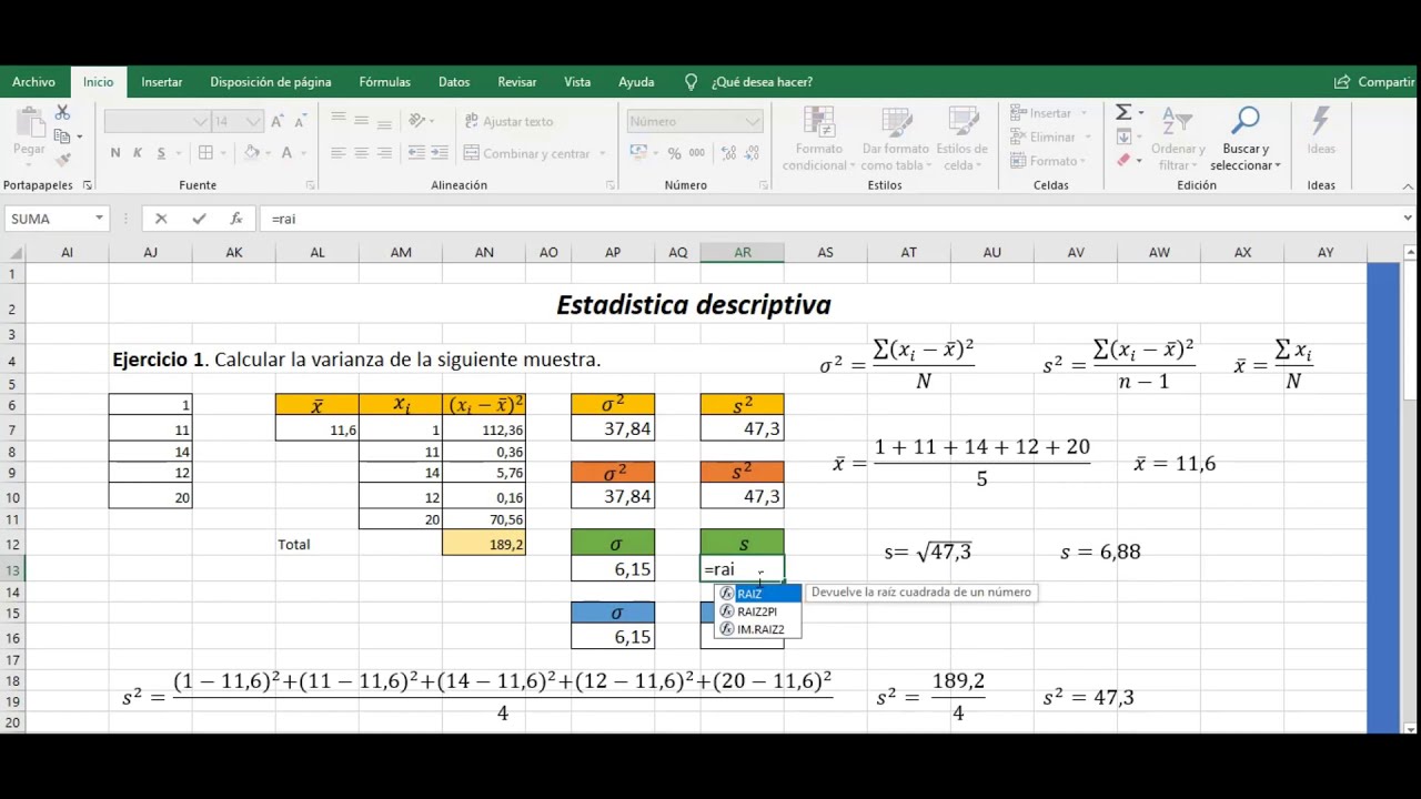 Varianza, desviación estándar y coeficiente de variación para datos no