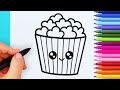 How to draw Cute Popcorn | Drawing and Coloring Kawaii Popcorn